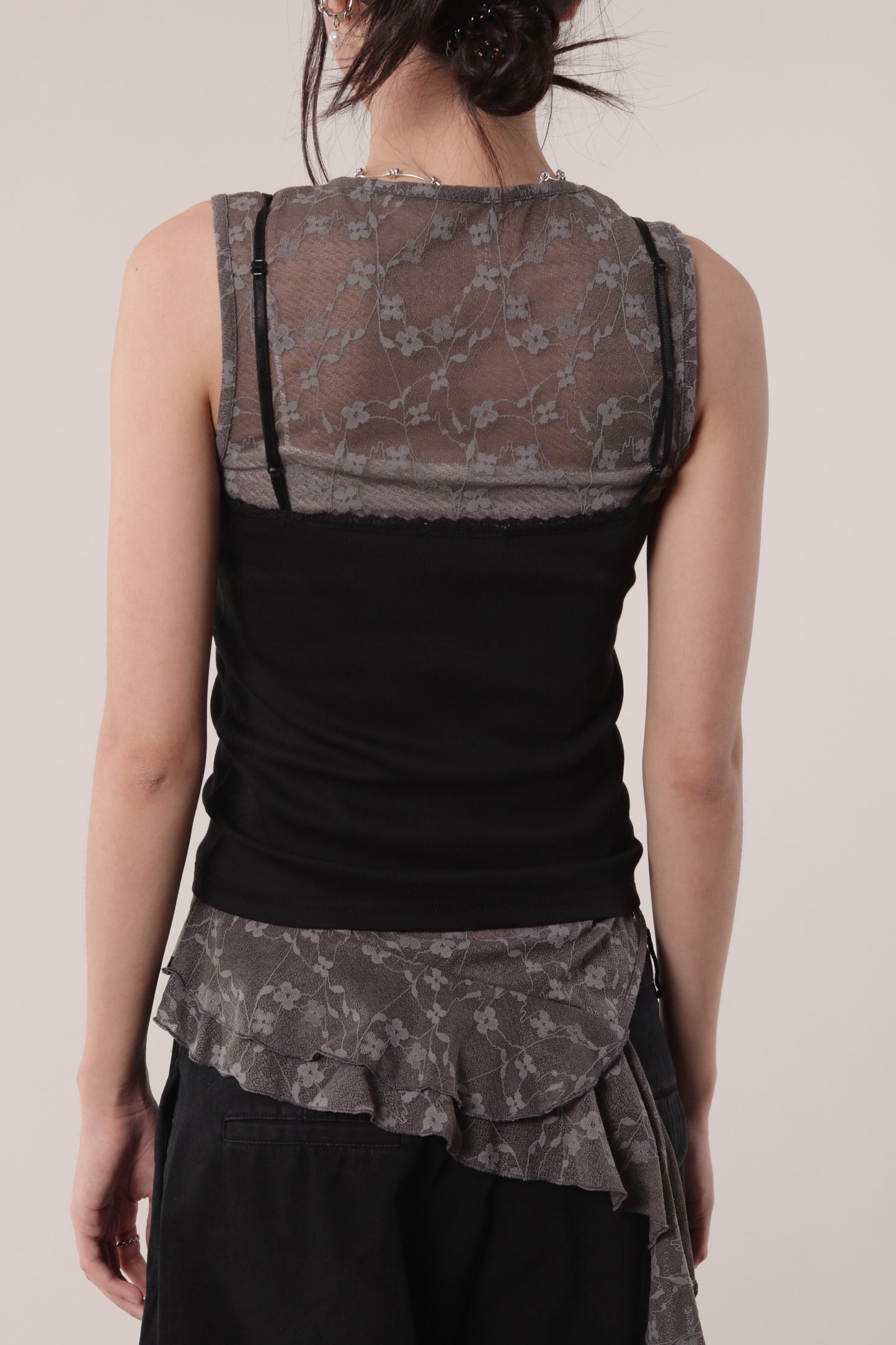 Mesh Flower Sleeveless Top (Charcoal)