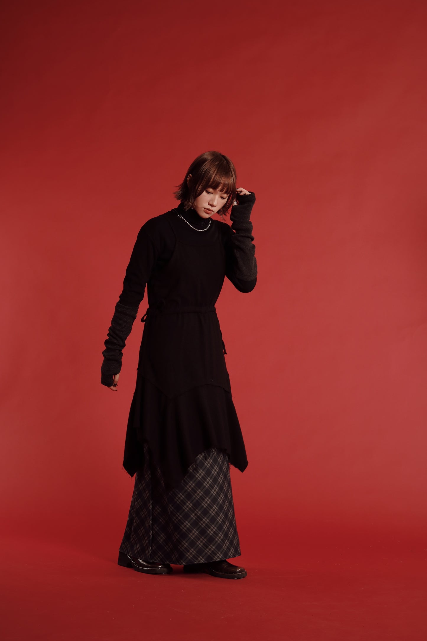 Checkered Slit Skirt (Navy)