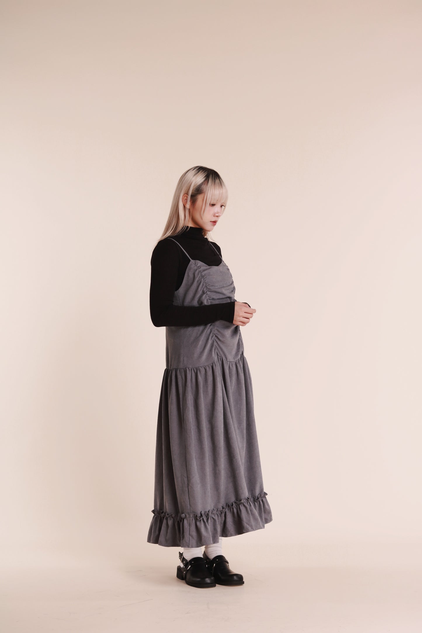 Doll Gathered Ruffle Dress (Grey Blue)