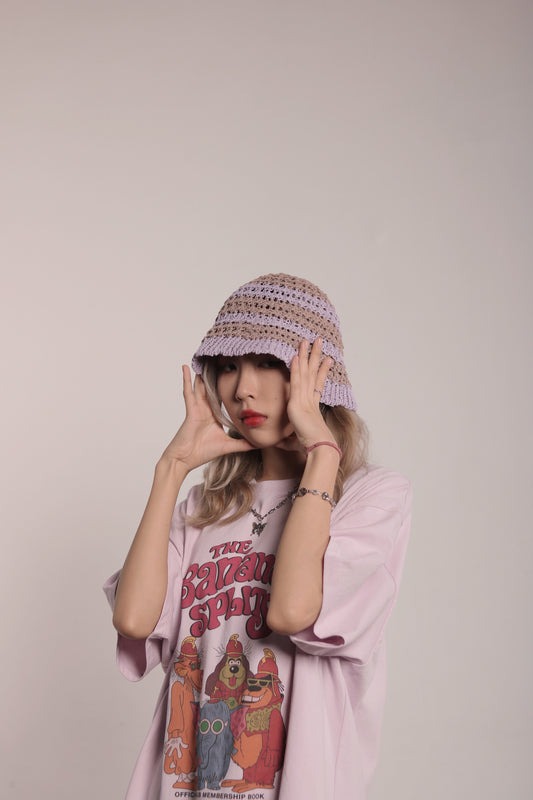 Striped Knit Hat (Beige/Black/Purple)
