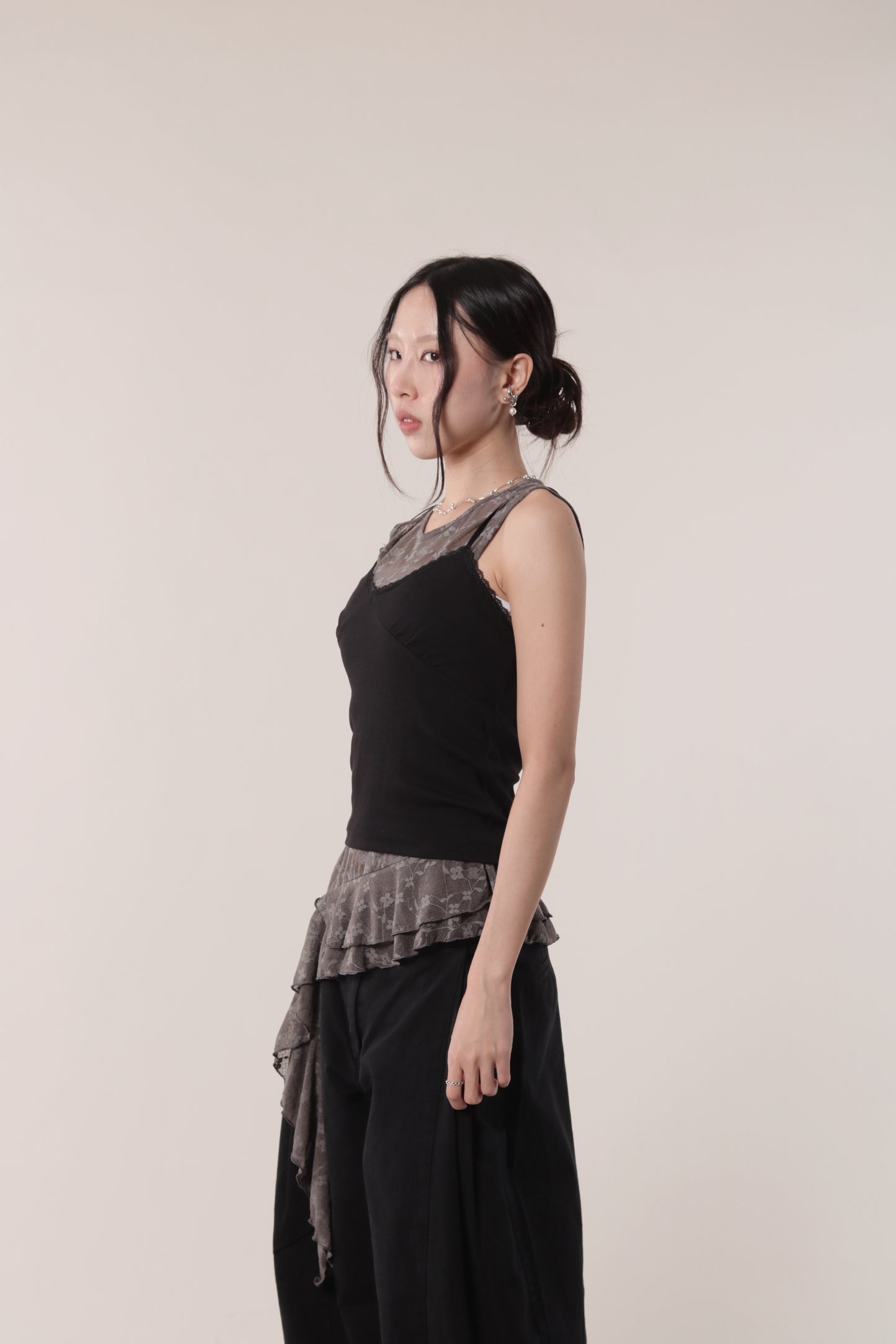 Mesh Flower Sleeveless Top (Charcoal)