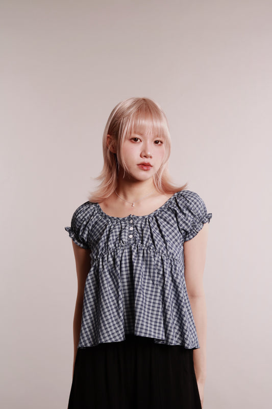 Plaid Button Blouse (Blue)