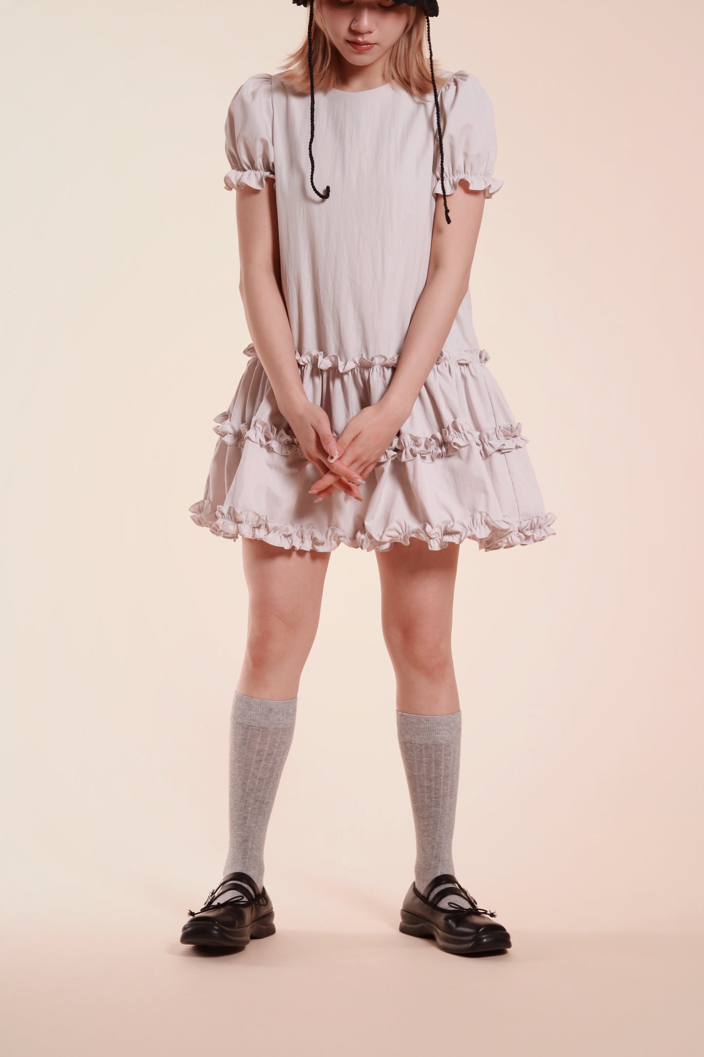 Doll Puff Sleeve Mini Dress (Grey)