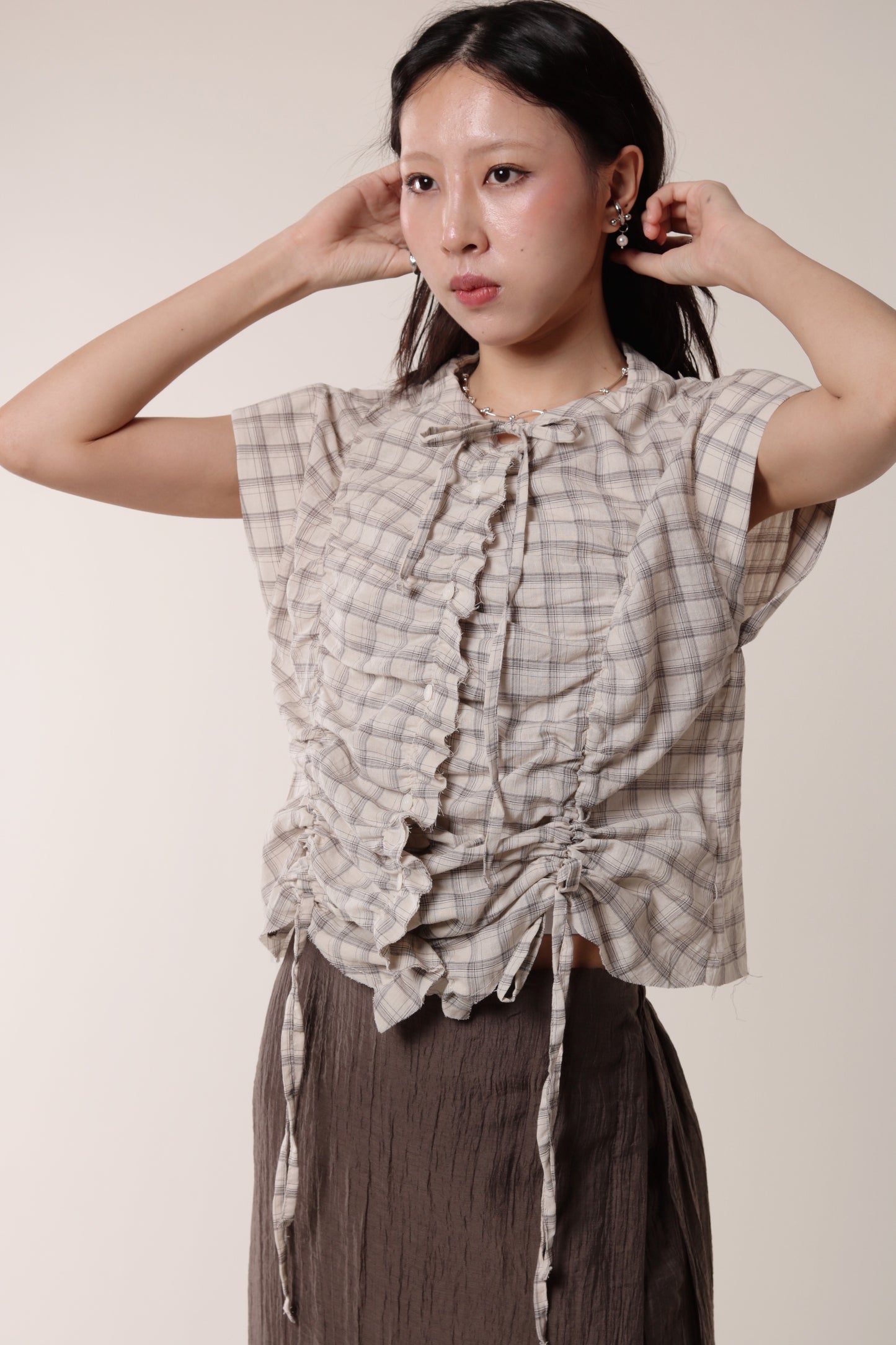 Gathered Check Shirt (Beige)