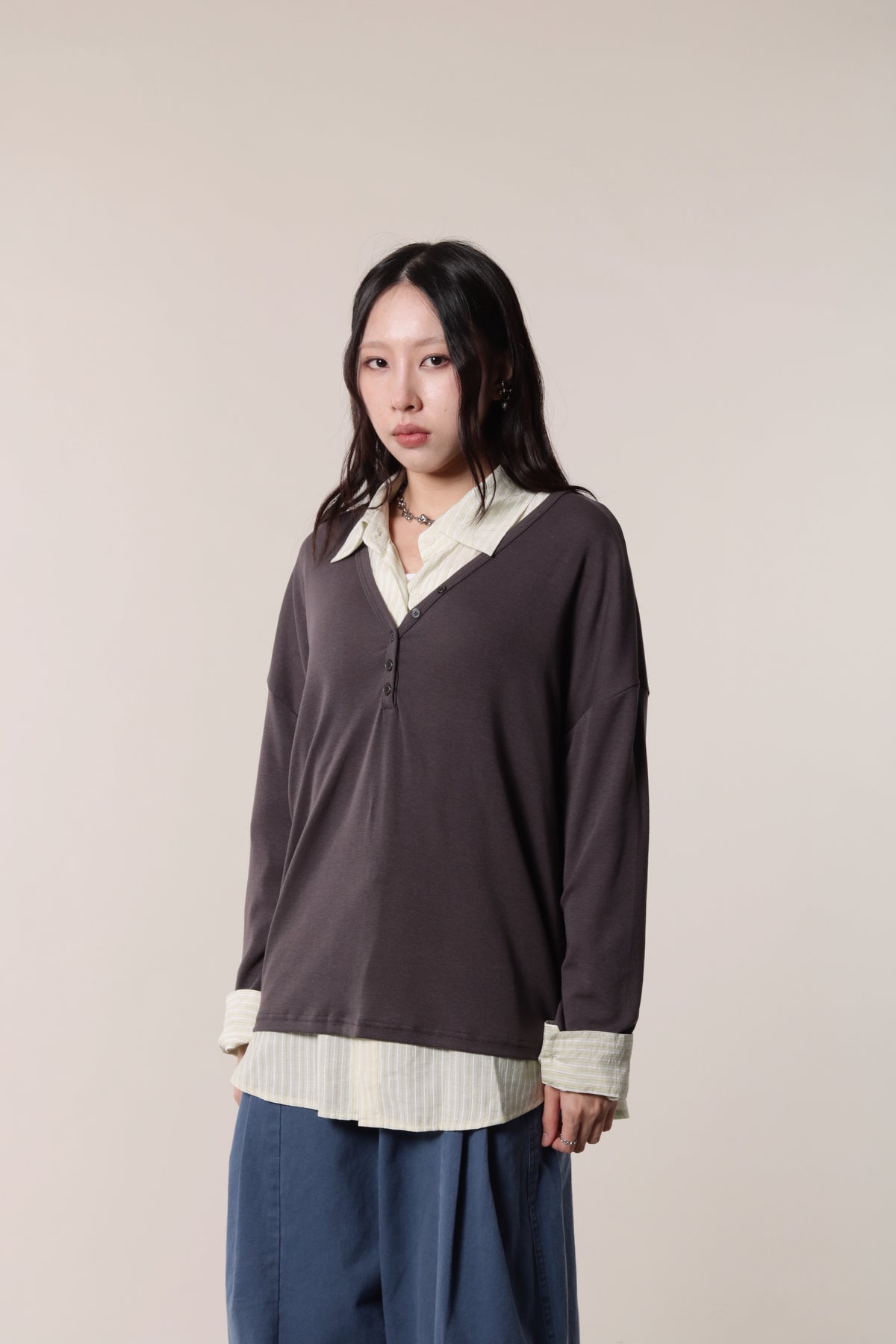Lazy Button Long Tee (Charcoal)