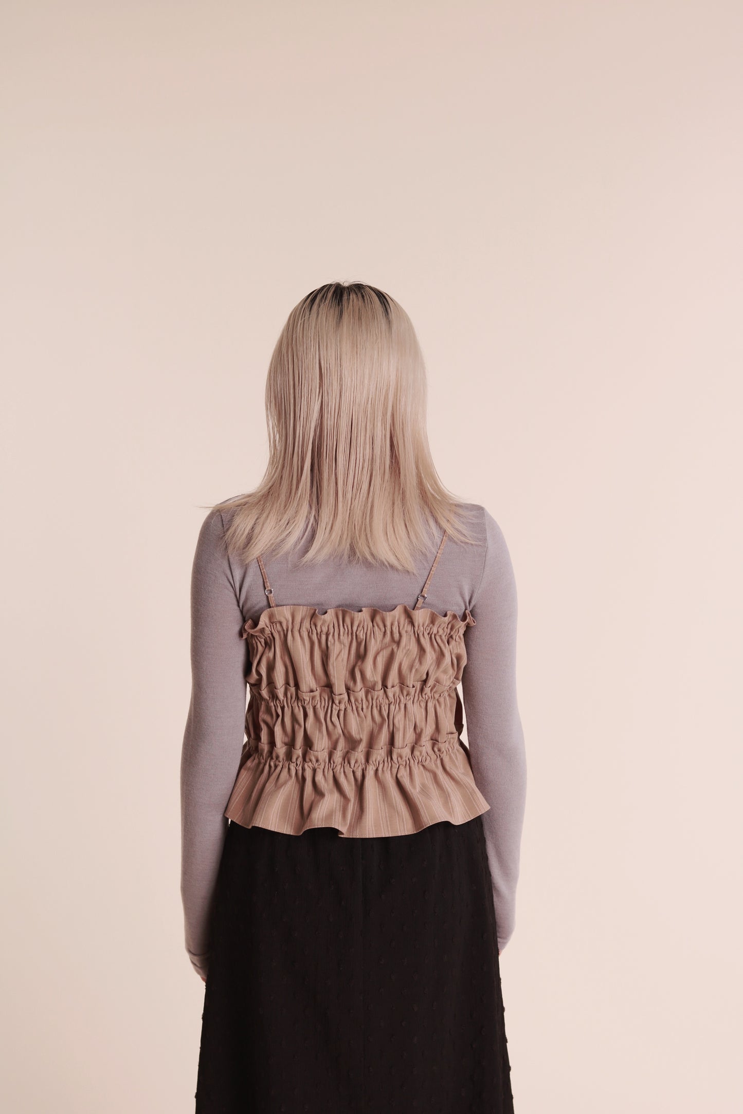 Gathered Ribbon Sleeveless Top (Beige)