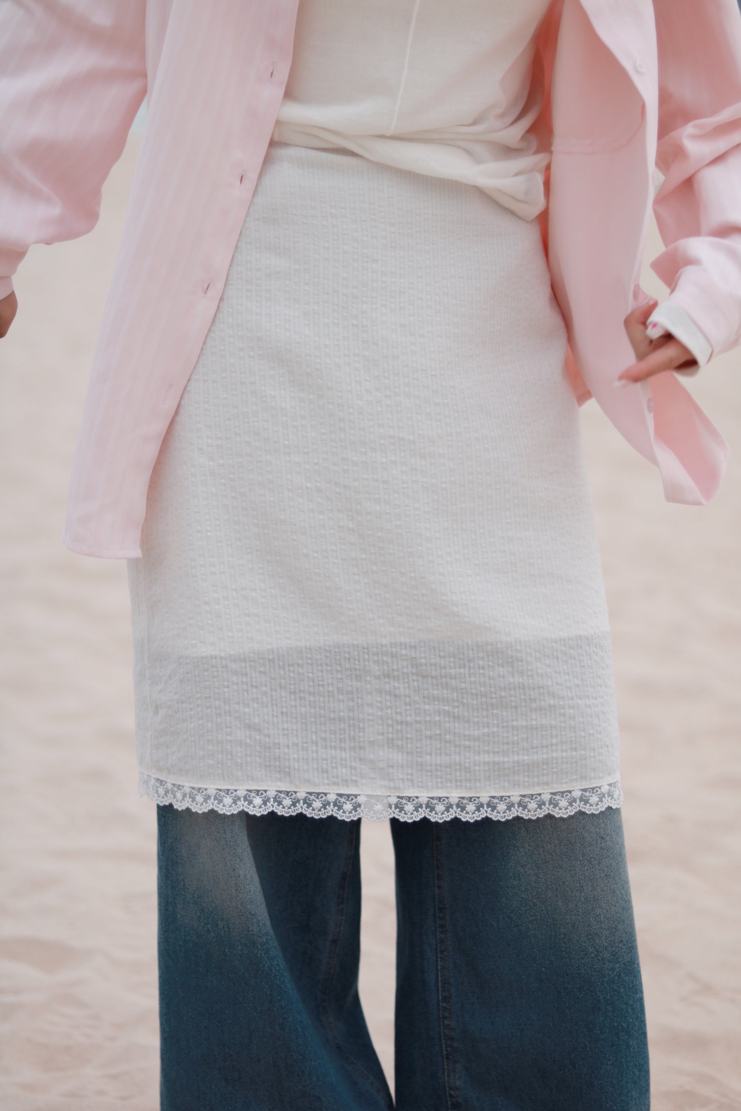 Striped  Lace Mini Skirt (White)