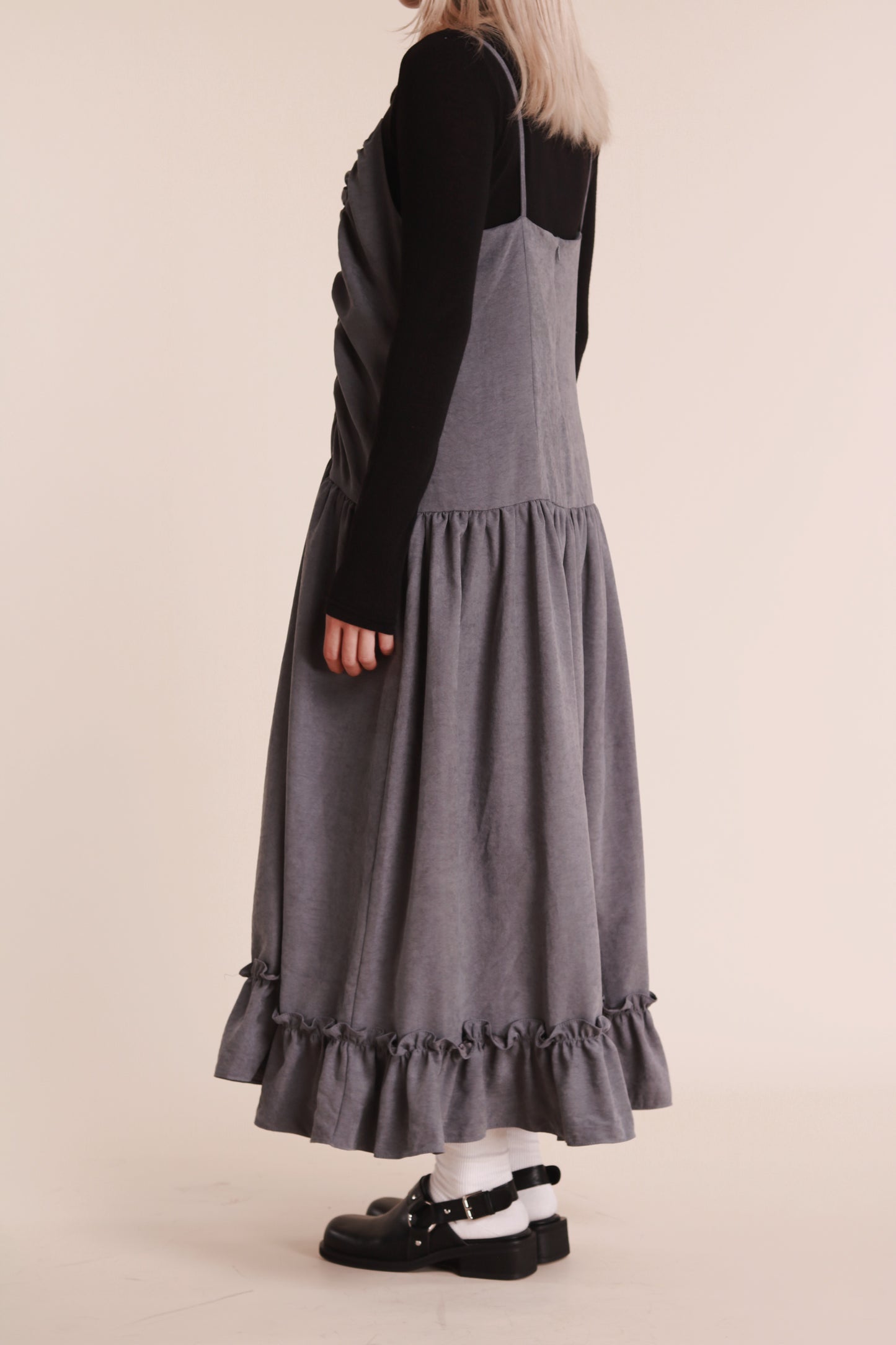 Doll Gathered Ruffle Dress (Grey Blue)