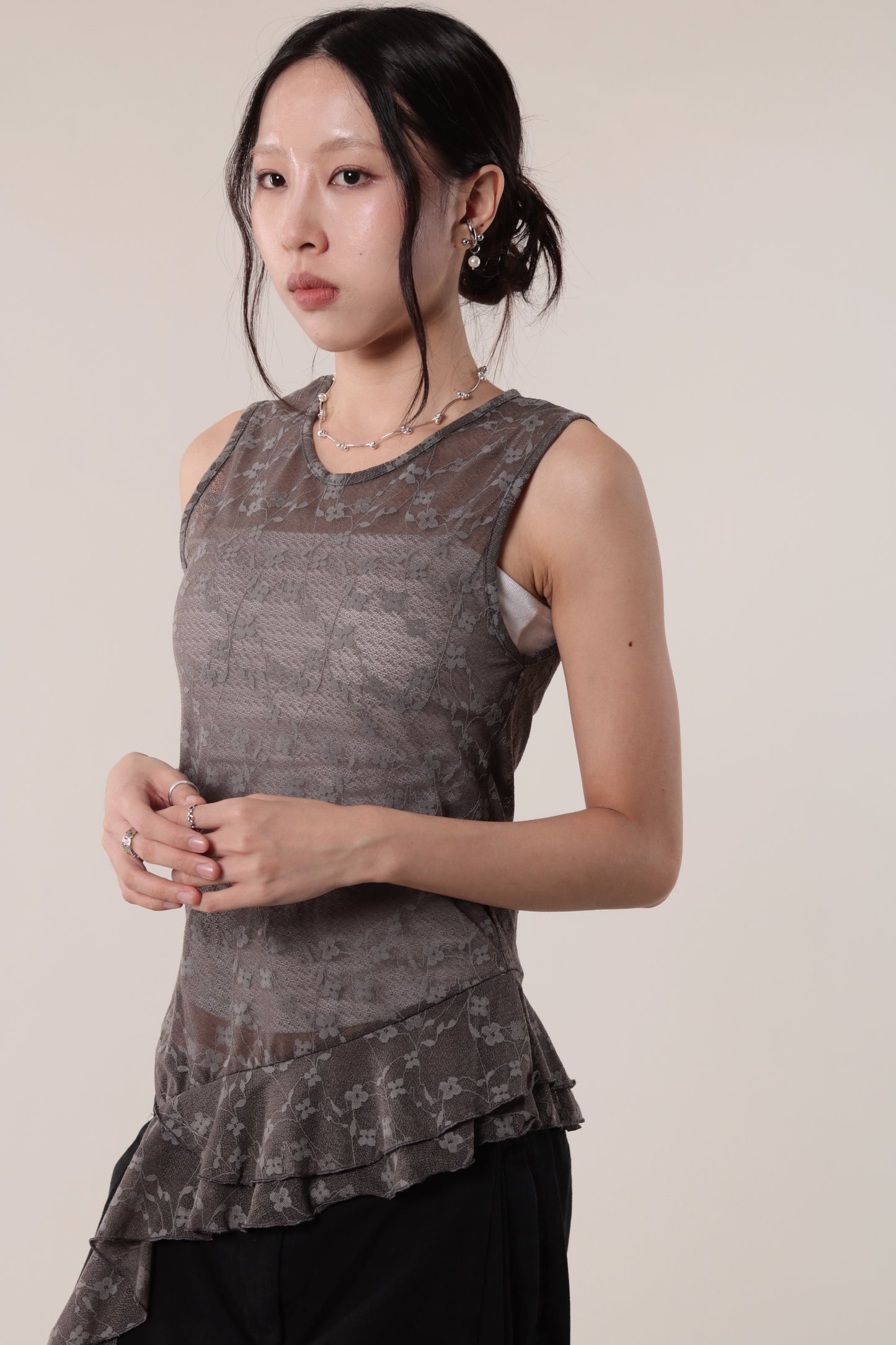 Mesh Flower Sleeveless Top (Charcoal)