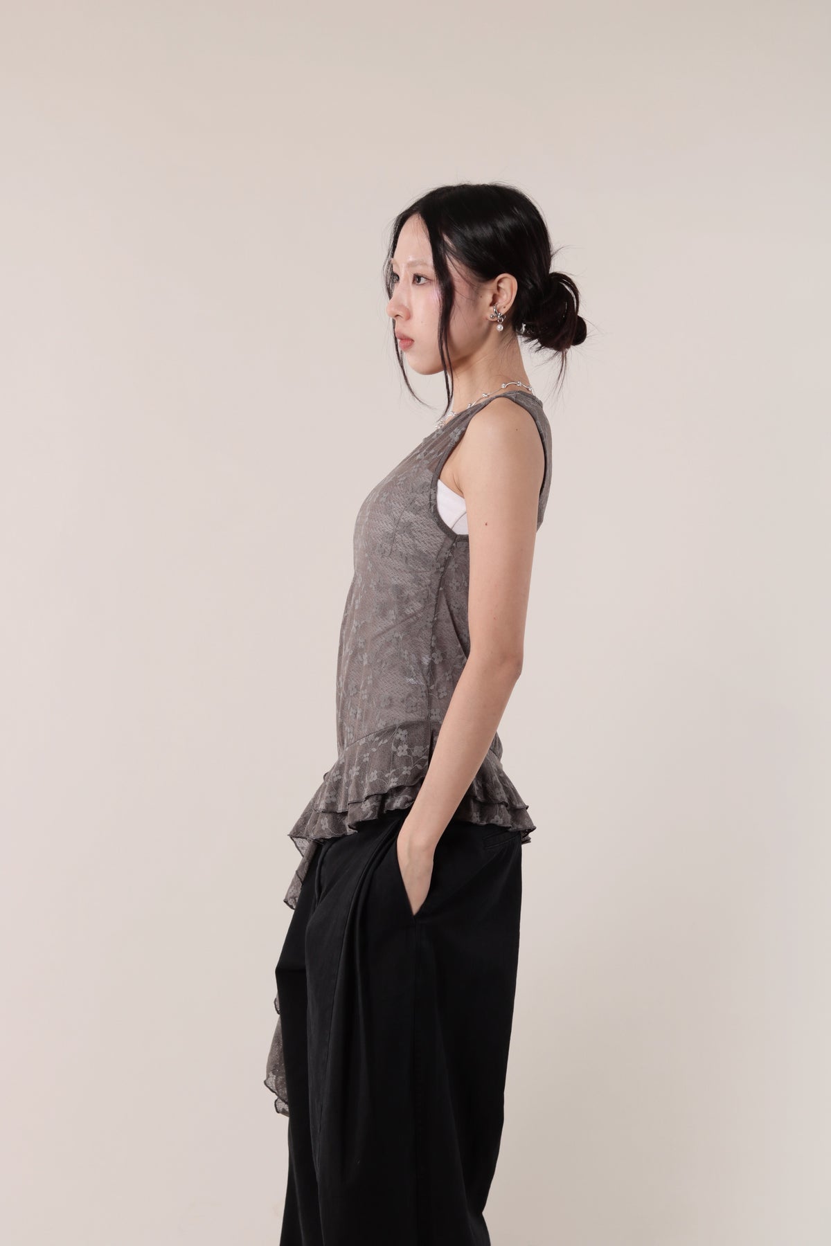 Mesh Flower Sleeveless Top (Charcoal)