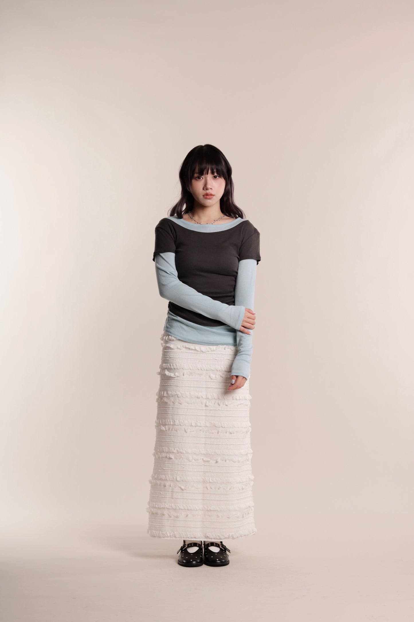 Textured Ruffle Maxi Skirt (Ivory)