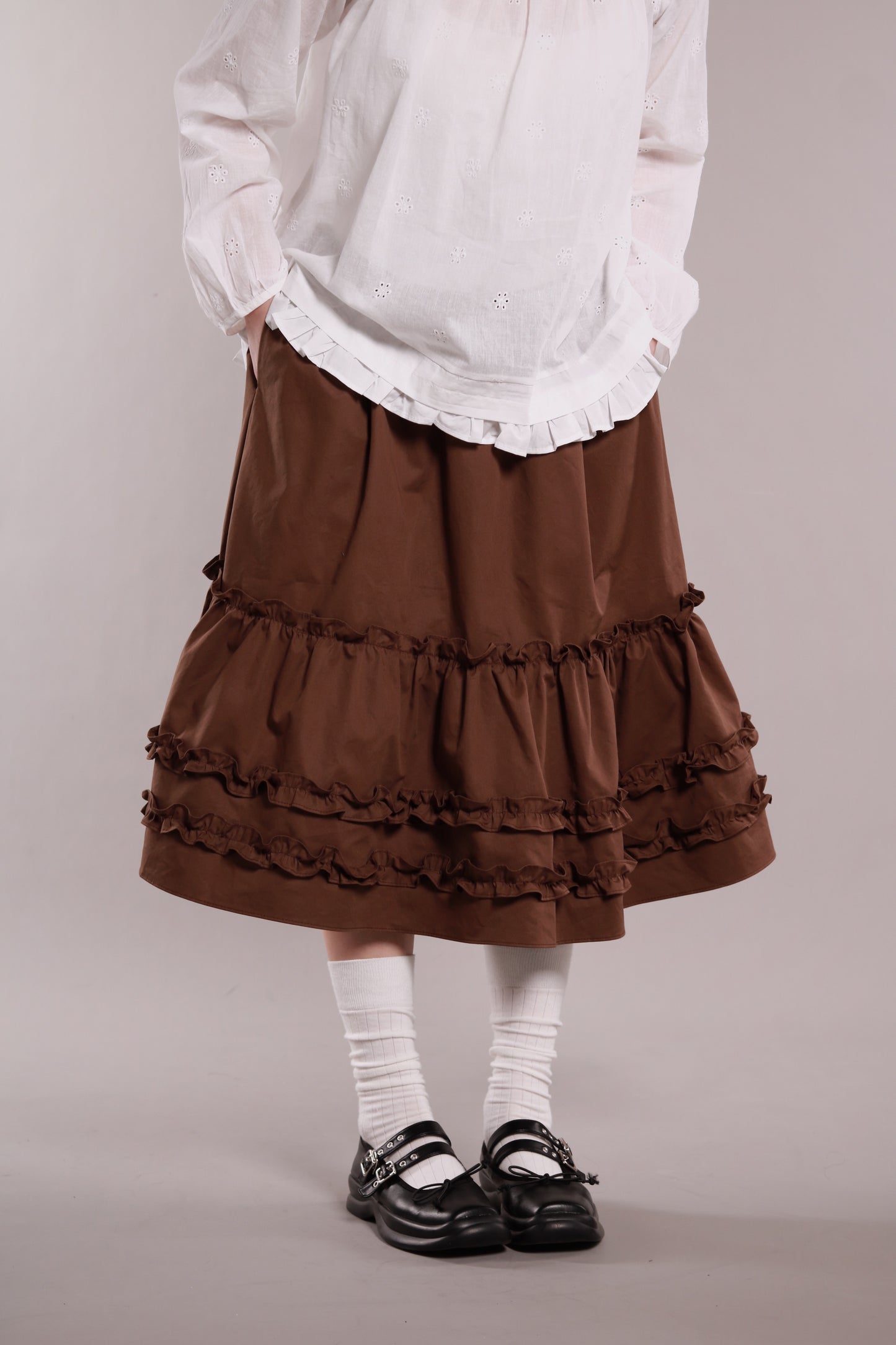Doll Ruffle Midi Skirt (Brown)