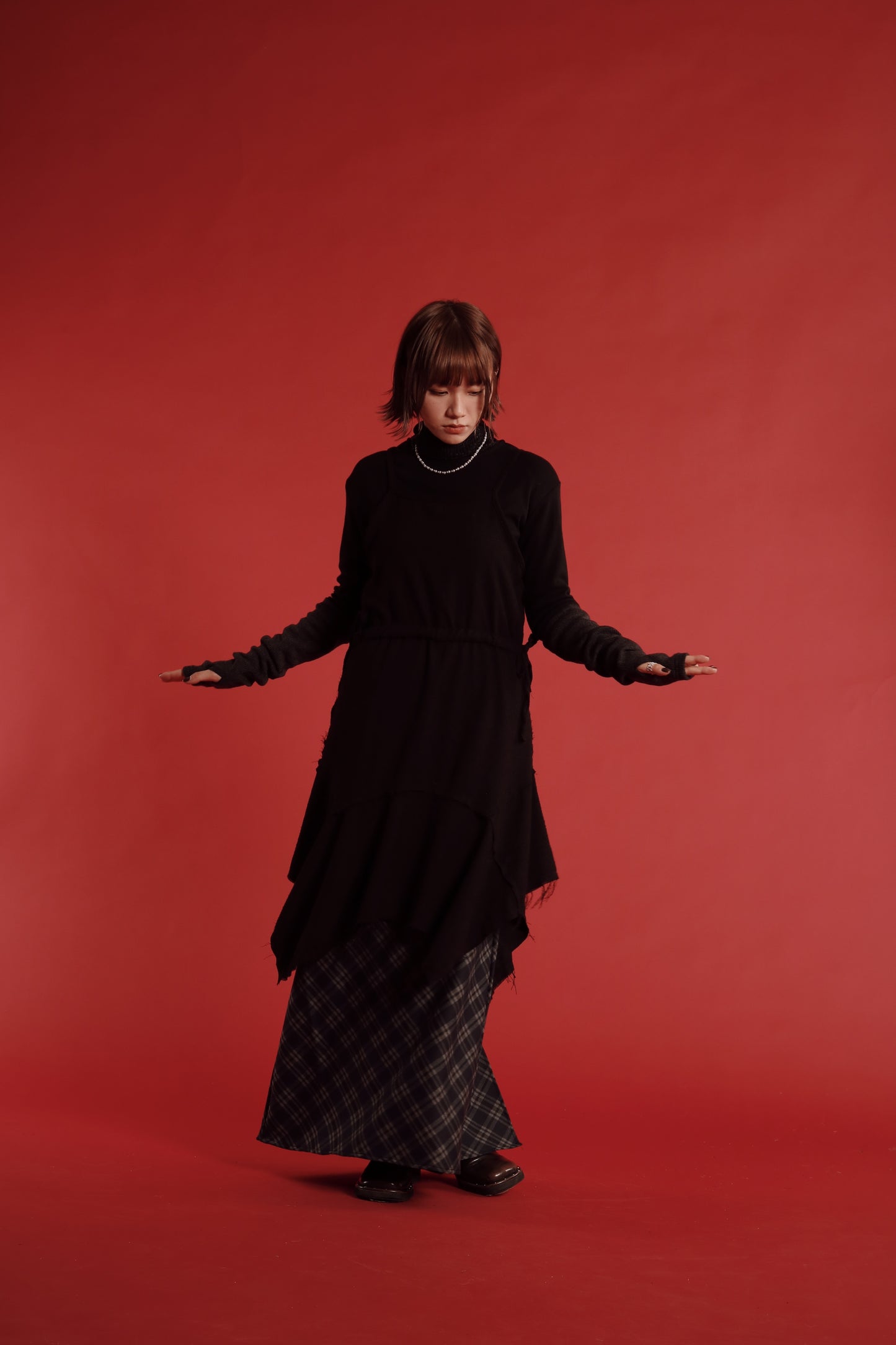 Checkered Slit Skirt (Navy)