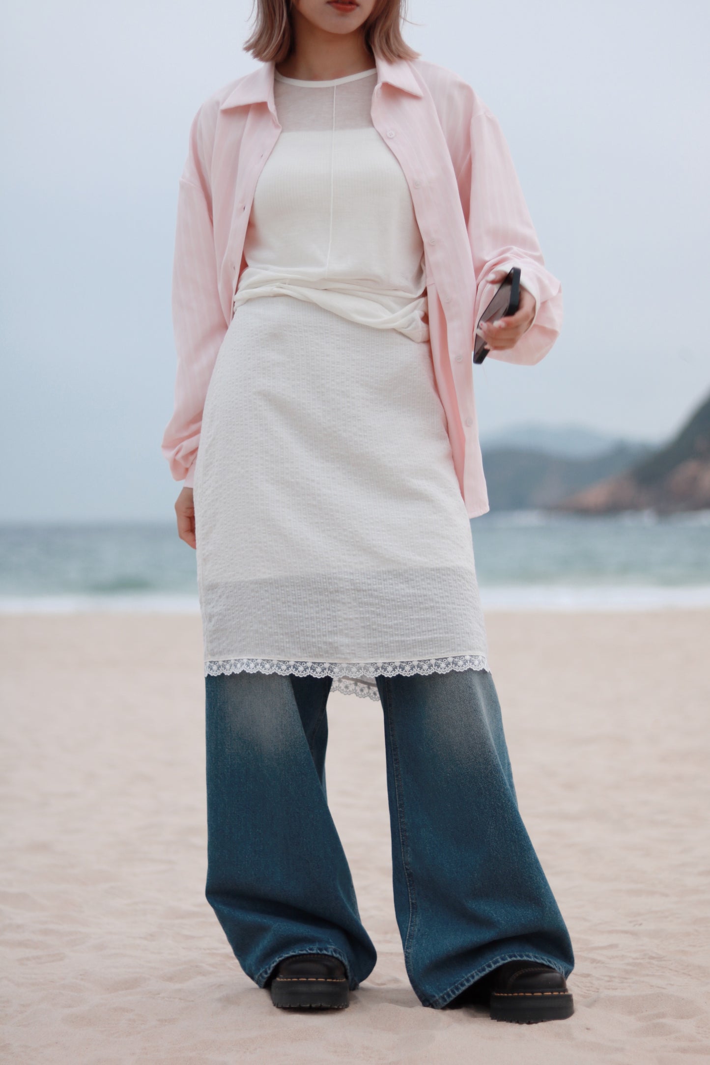 Striped  Lace Mini Skirt (White)