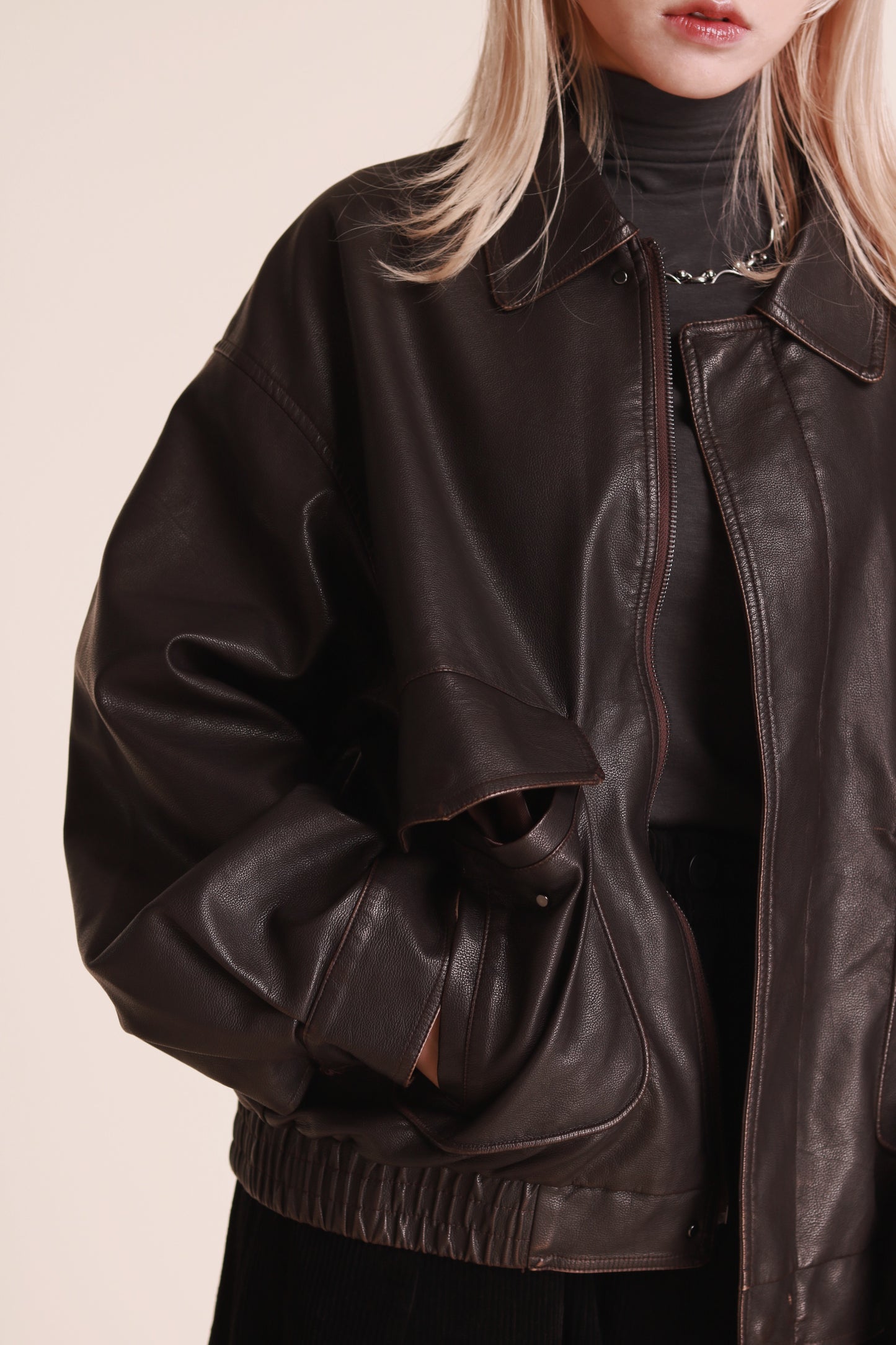 Oversized Leather Jacket (Brown)