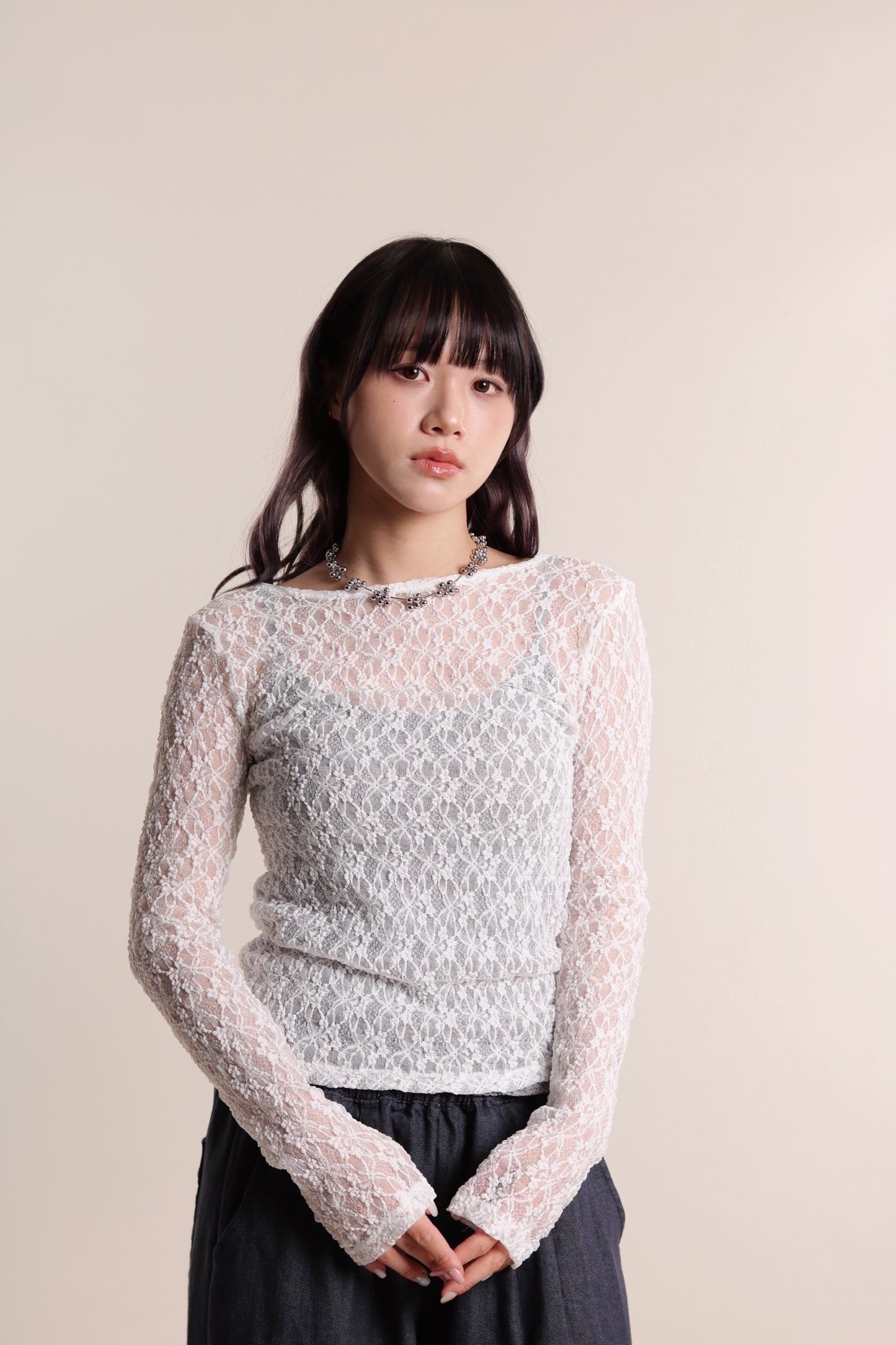 Lace Long Sleeve Top (White)