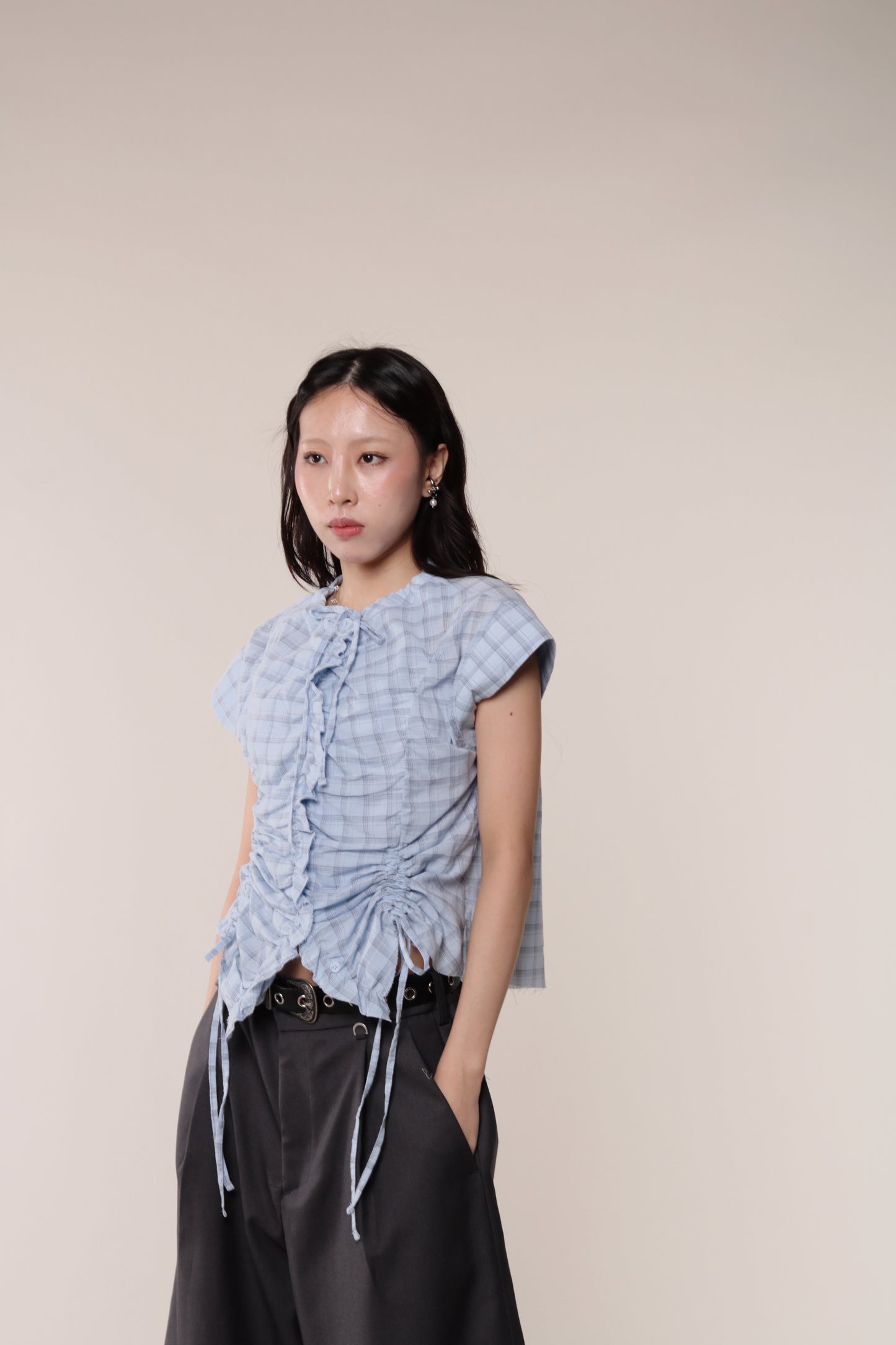 Gathered Check Shirt (Blue)