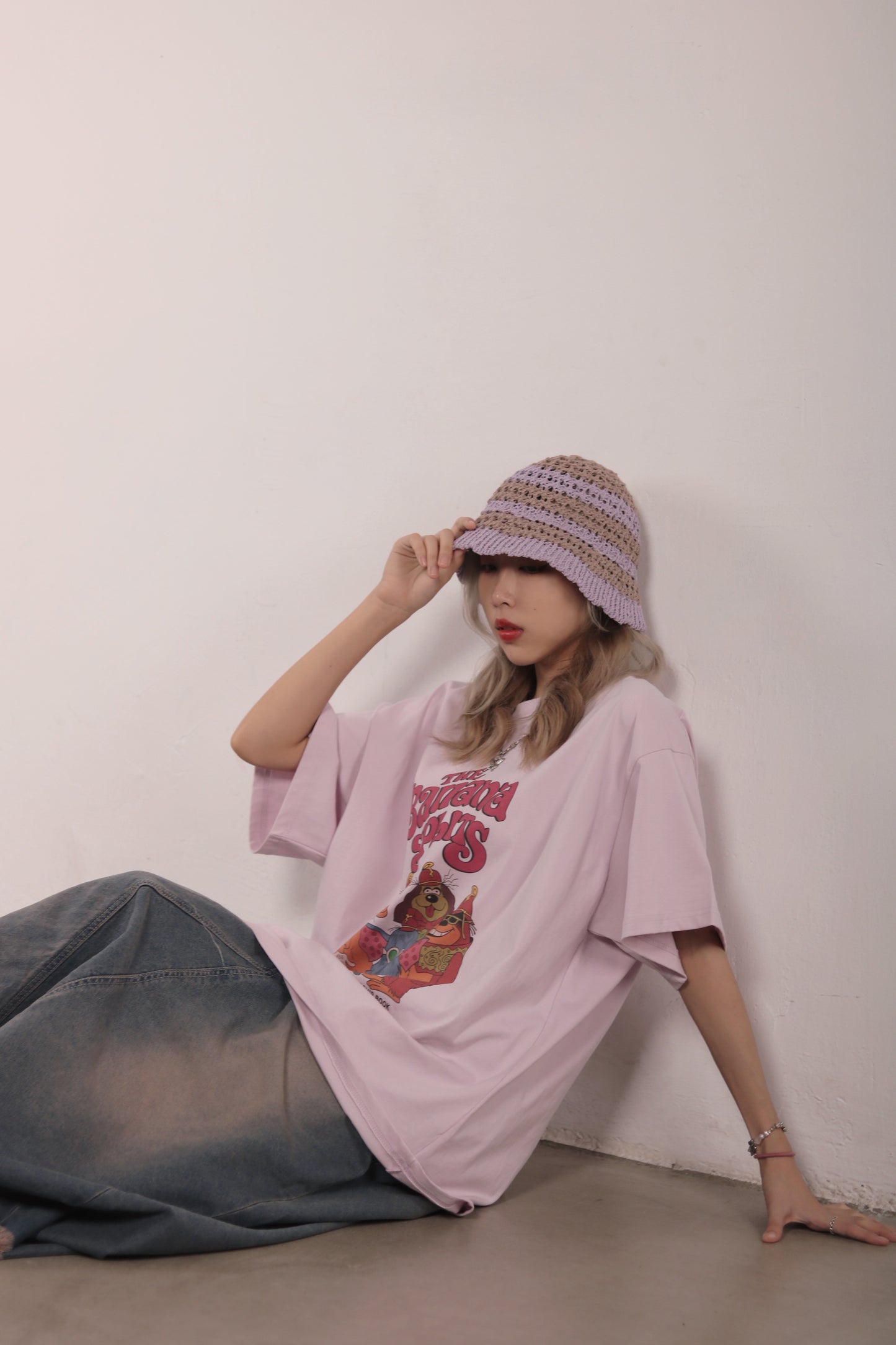 Striped Knit Hat (Beige/Black/Purple)