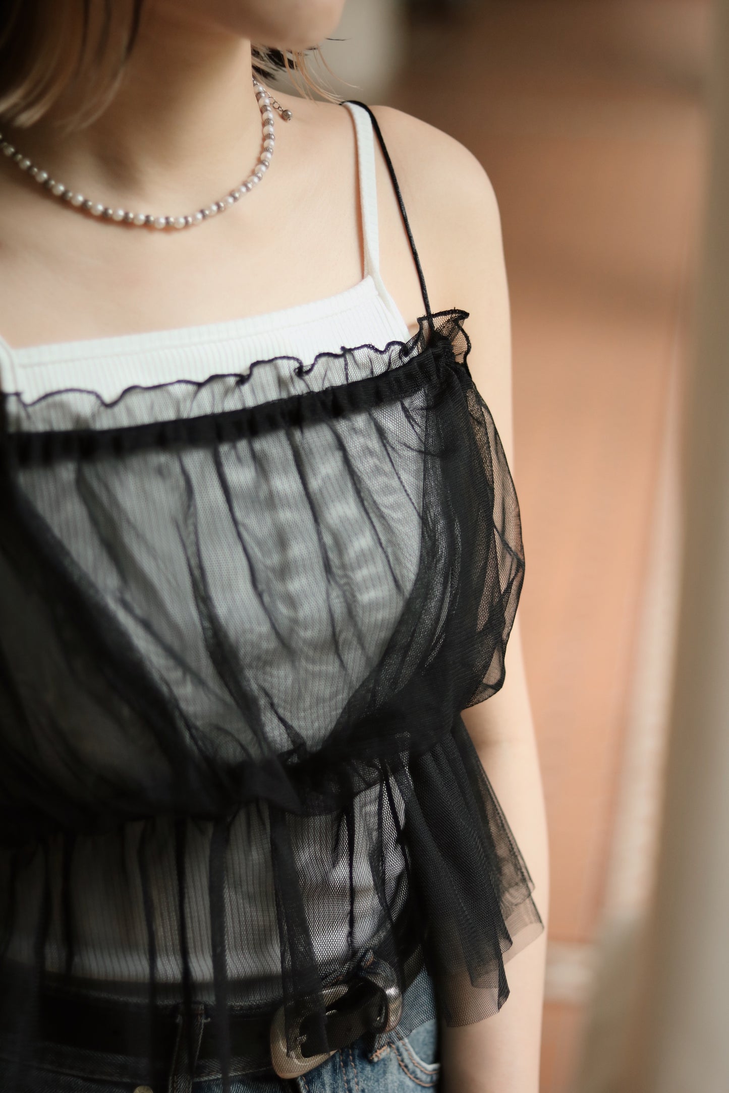 See Through Ribbon Vest (Black)