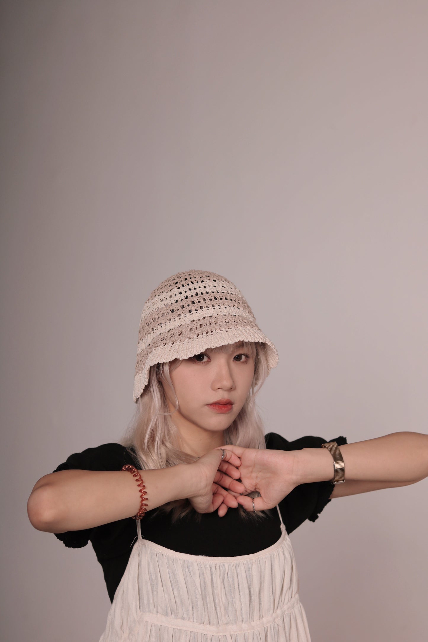 Striped Knit Hat (Beige/Black/Purple)