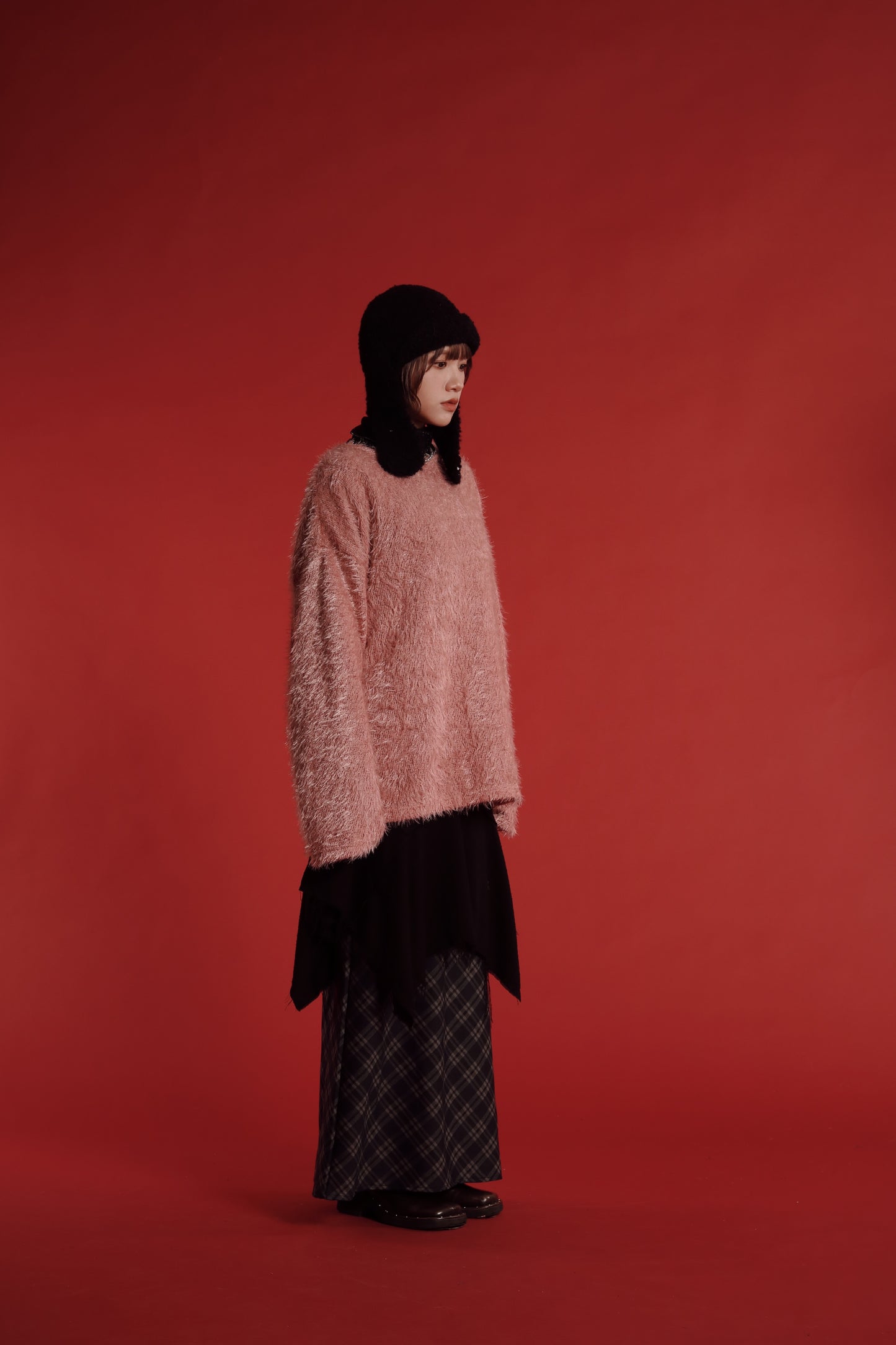 Checkered Slit Skirt (Navy)