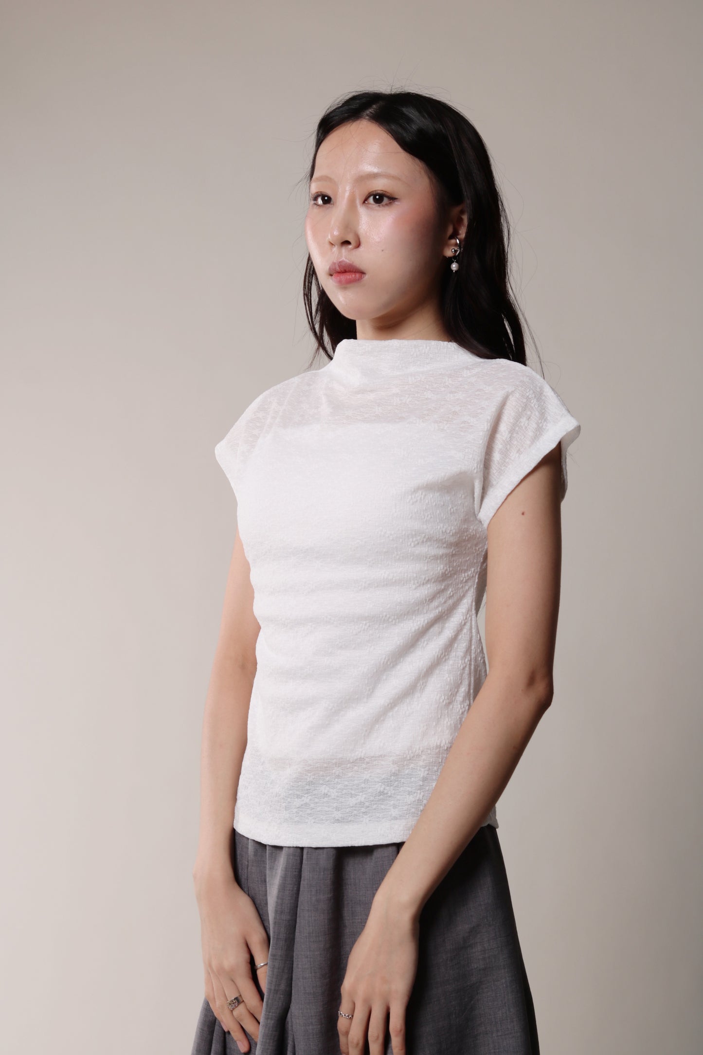 Mesh Mock Neck Top (White)