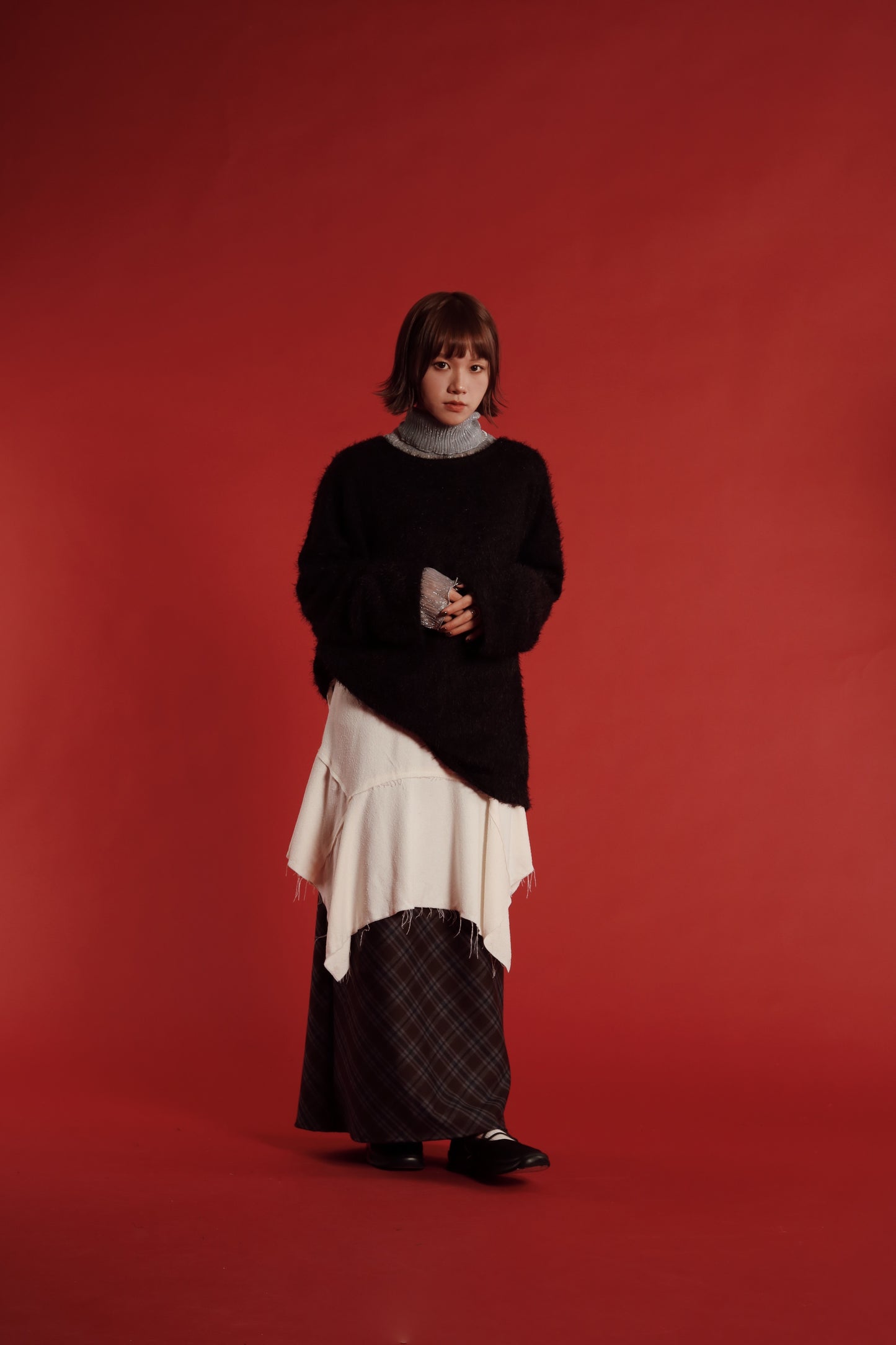 Checkered Slit Skirt (Brown)