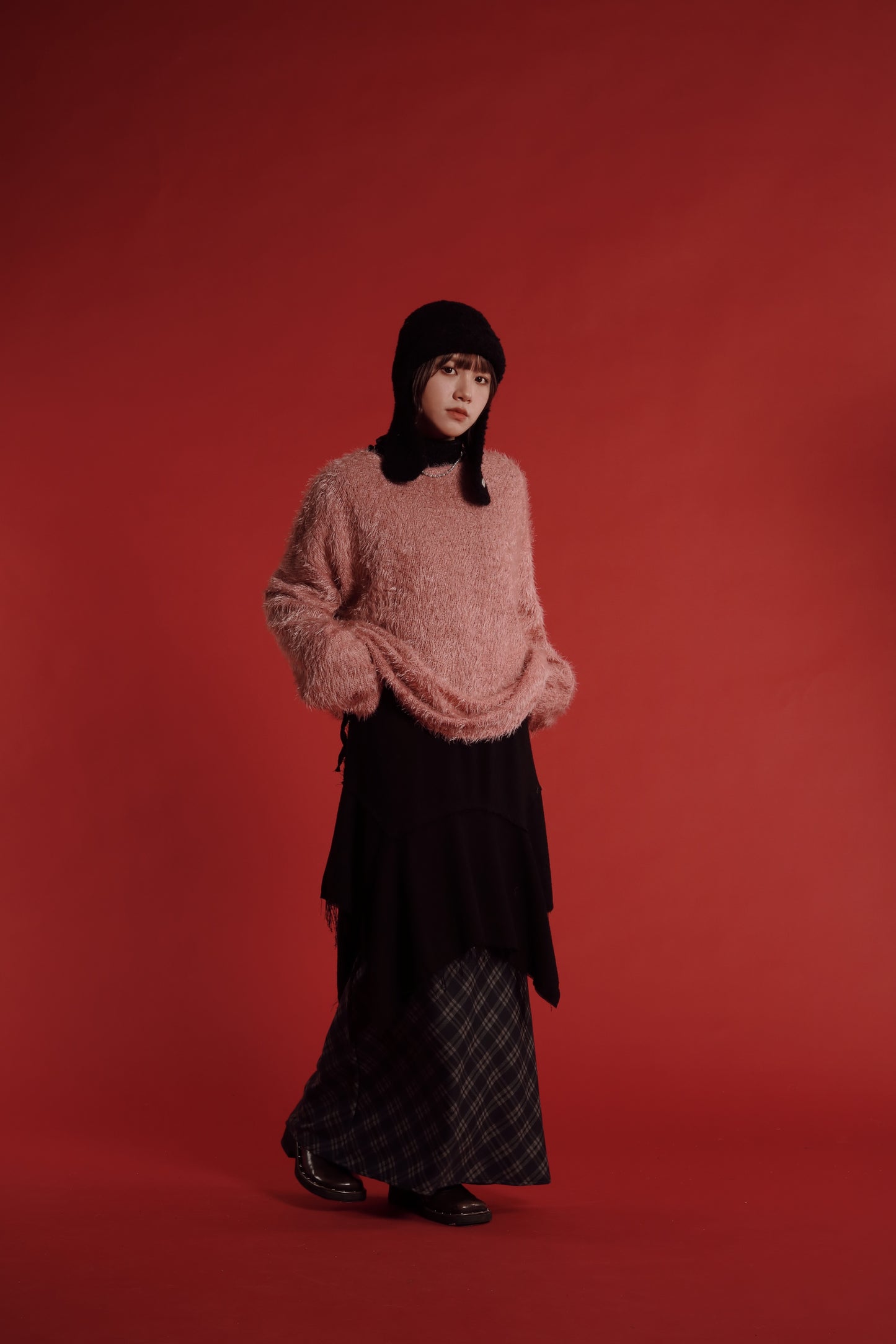 Checkered Slit Skirt (Navy)