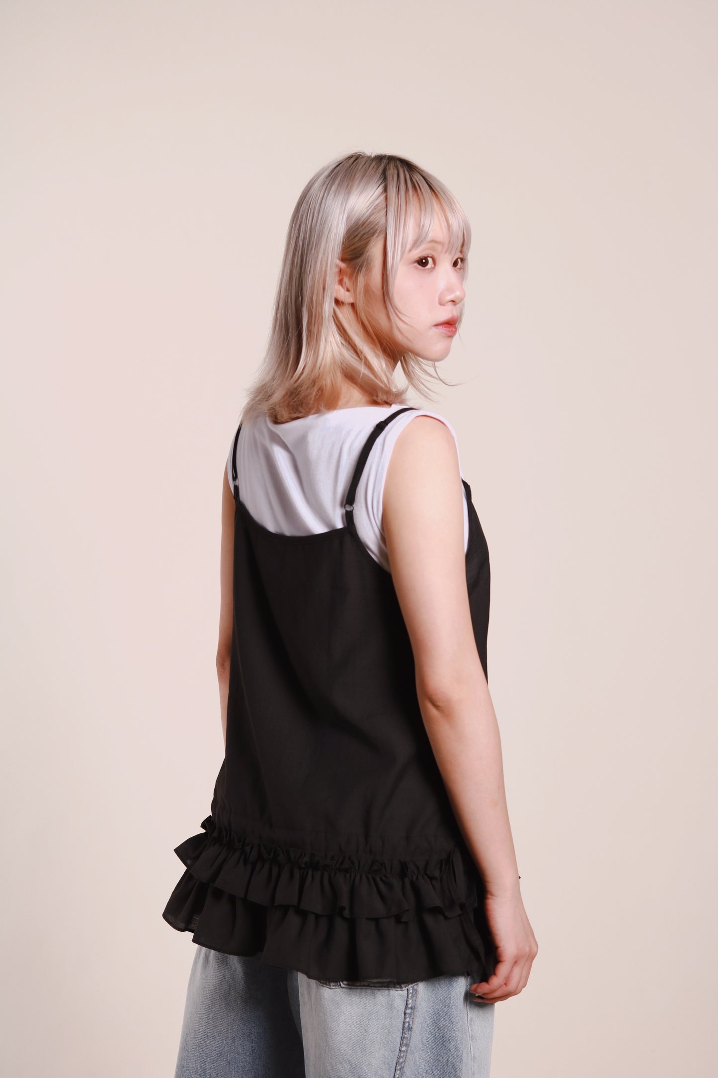 Double Ruffle Sleeveless Top (Black)