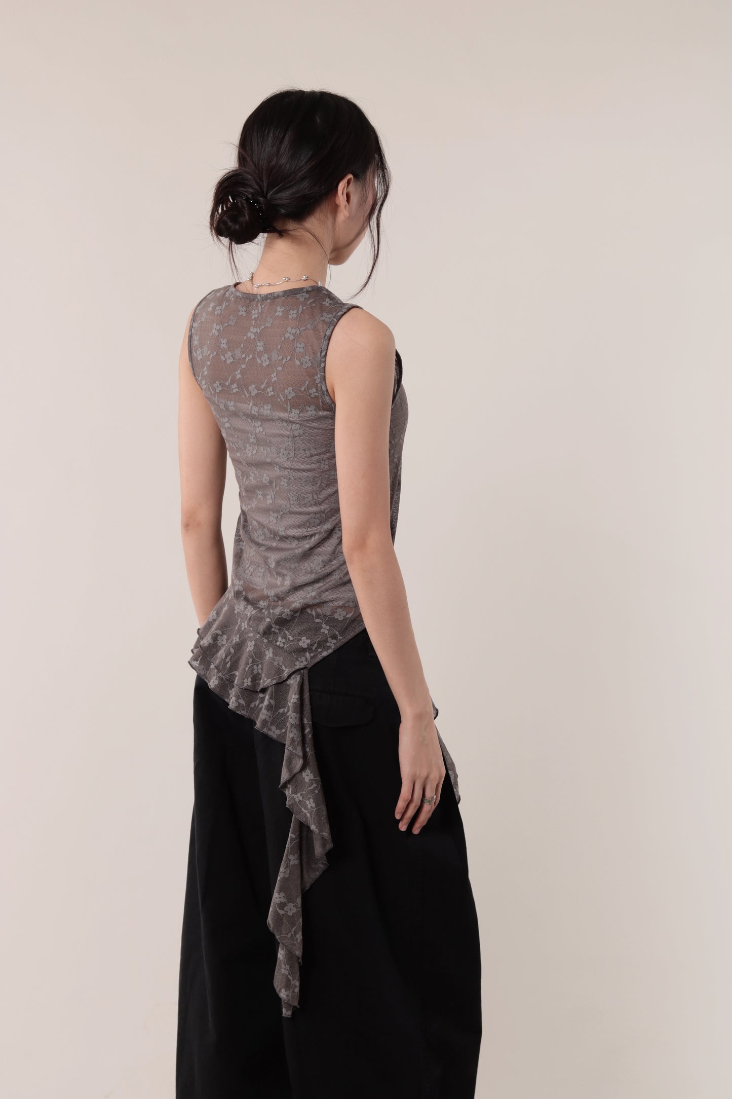 Mesh Flower Sleeveless Top (Charcoal)