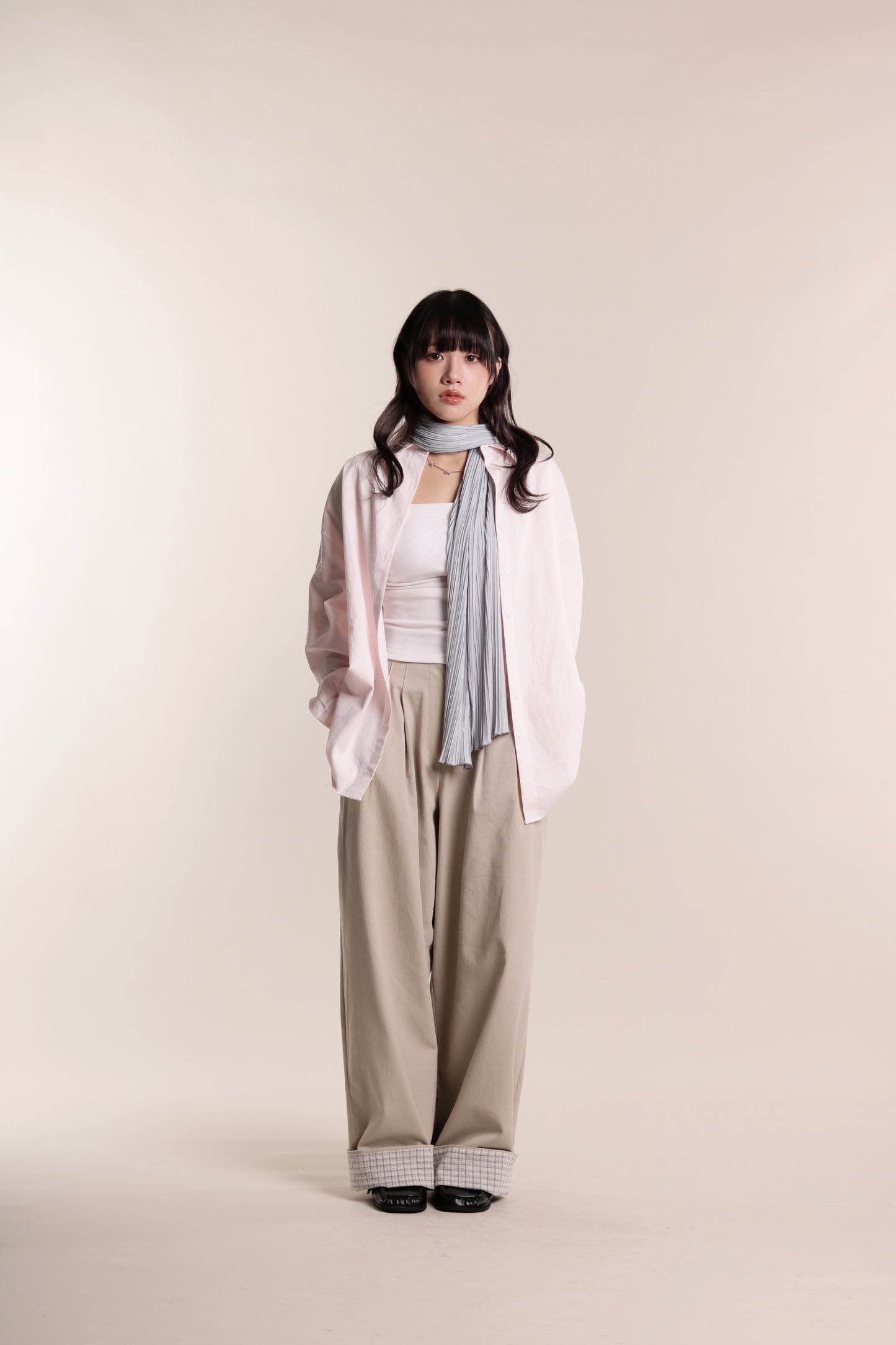 Check Detail Pleated Pants (Beige)