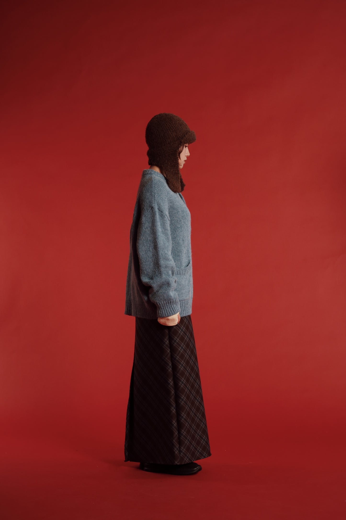 Checkered Slit Skirt (Brown)