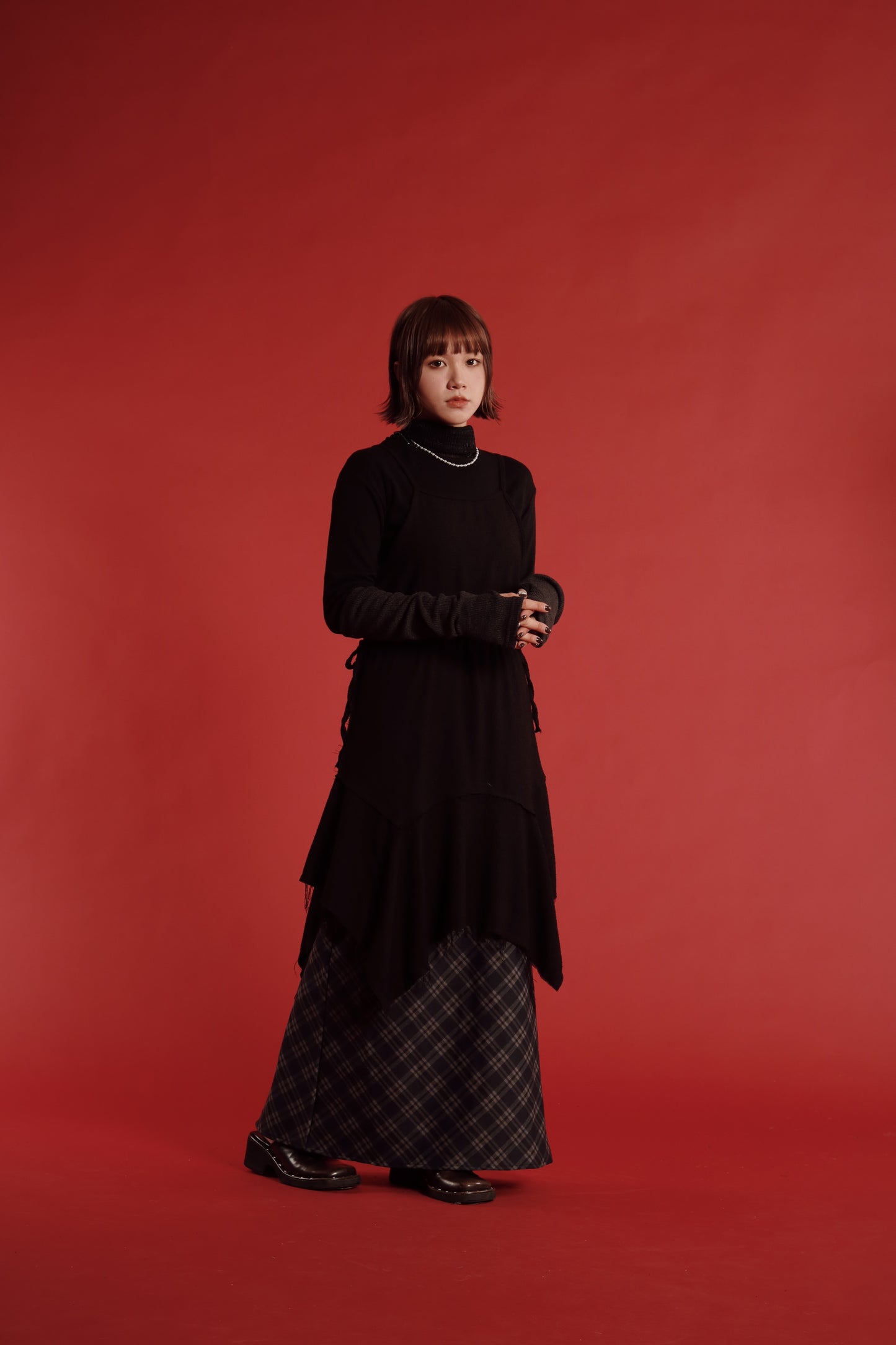 Checkered Slit Skirt (Navy)