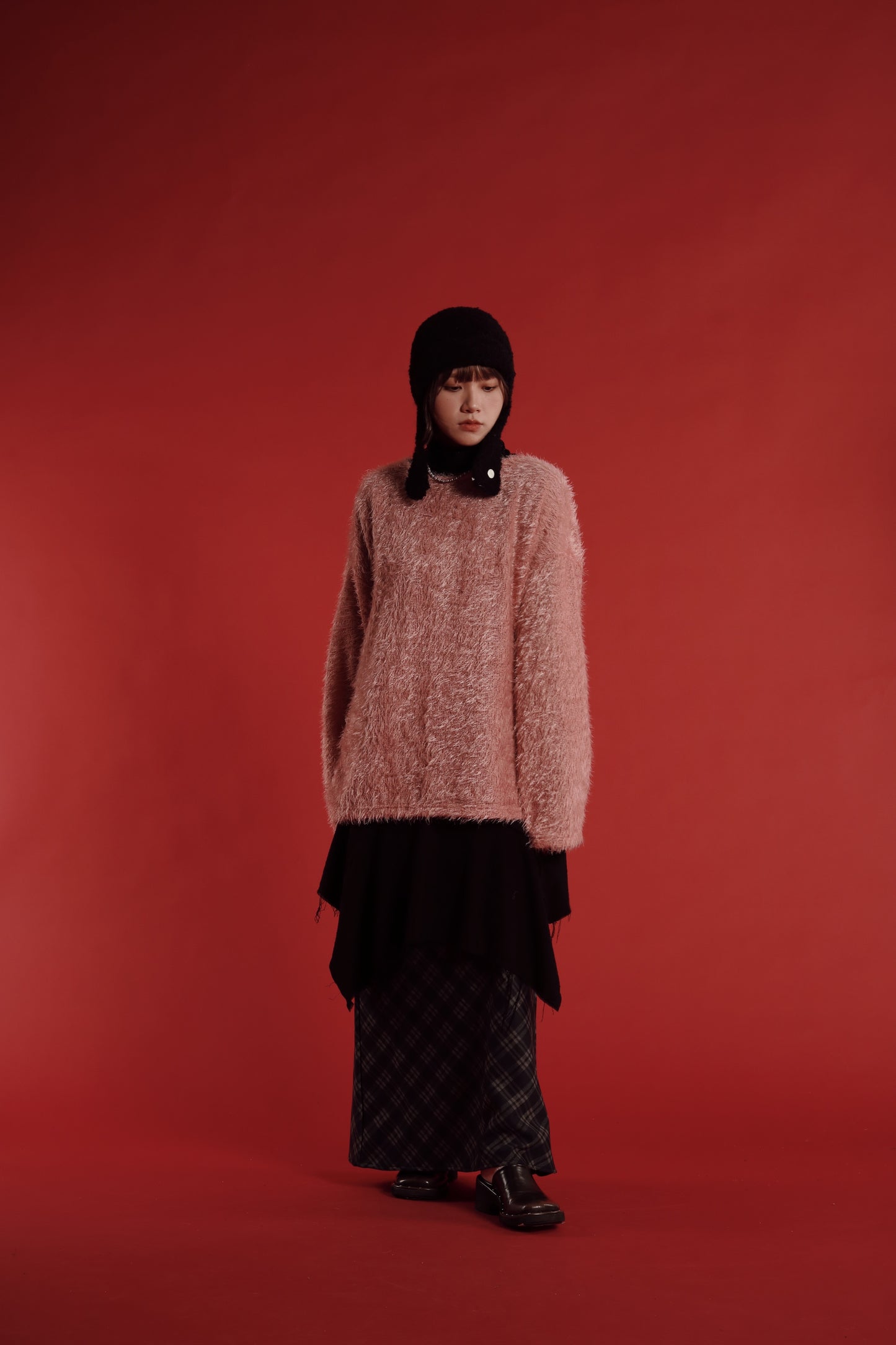 Checkered Slit Skirt (Navy)