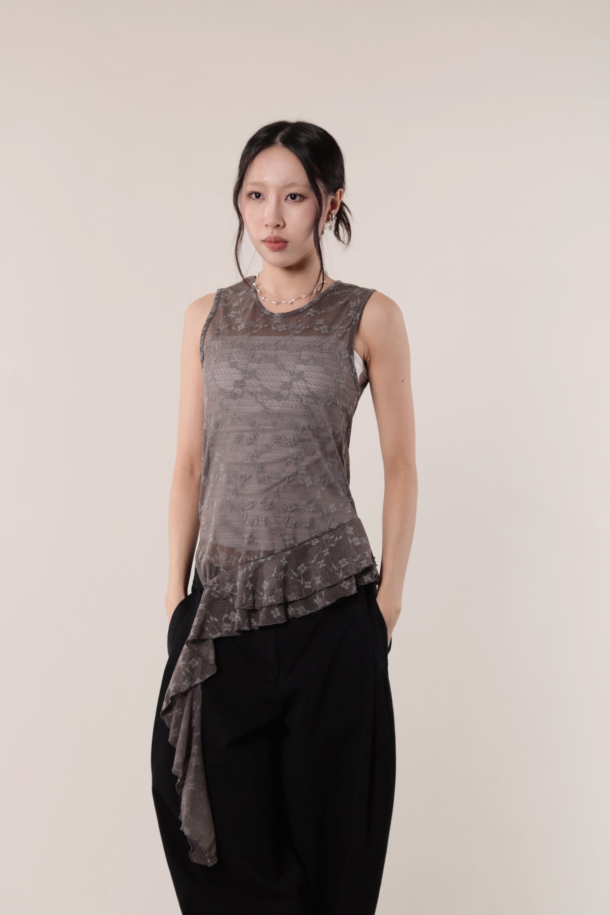 Mesh Flower Sleeveless Top (Charcoal)