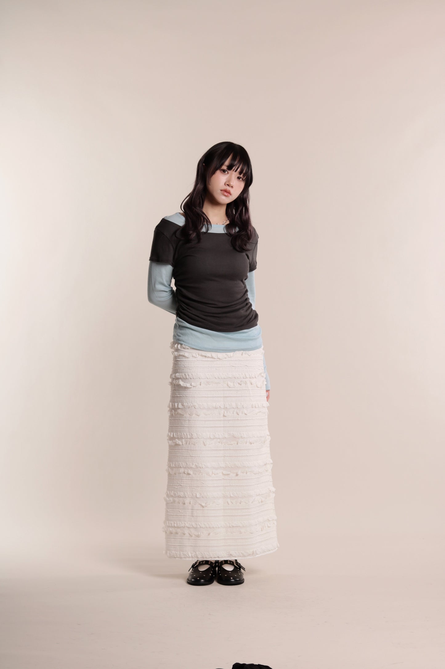 Textured Ruffle Maxi Skirt (Ivory)