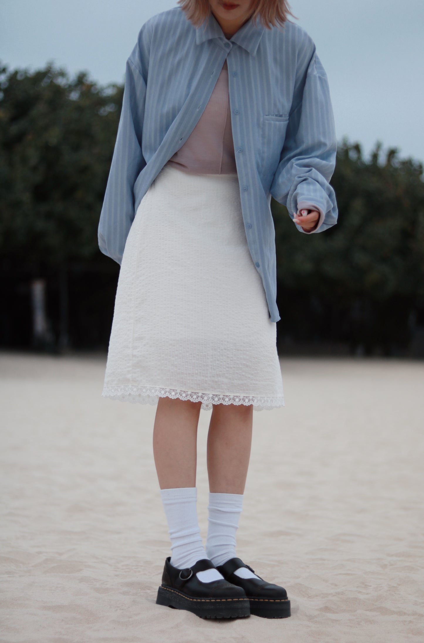 Striped  Lace Mini Skirt (White)