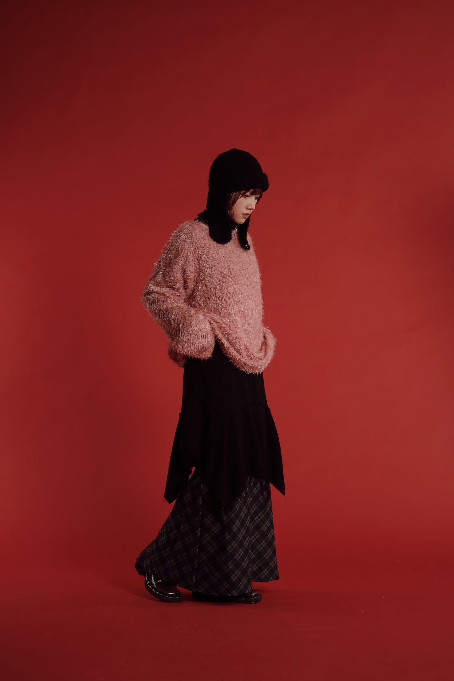 Checkered Slit Skirt (Navy)