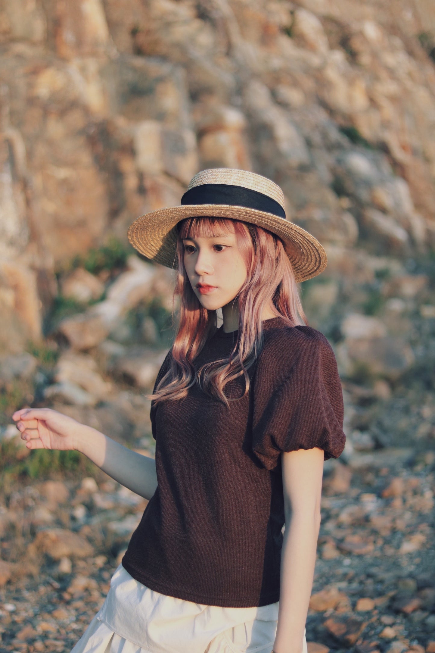 Doll Puff Sleeve Top S (Brown)