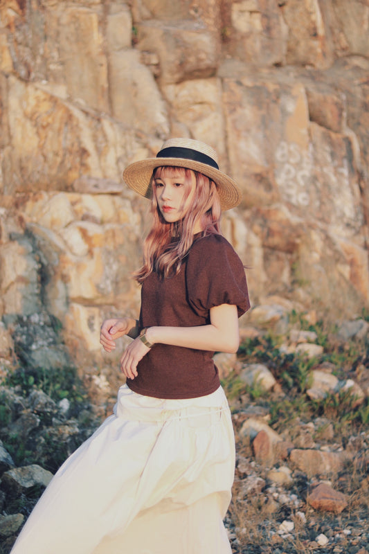 Doll Puff Sleeve Top S (Brown)