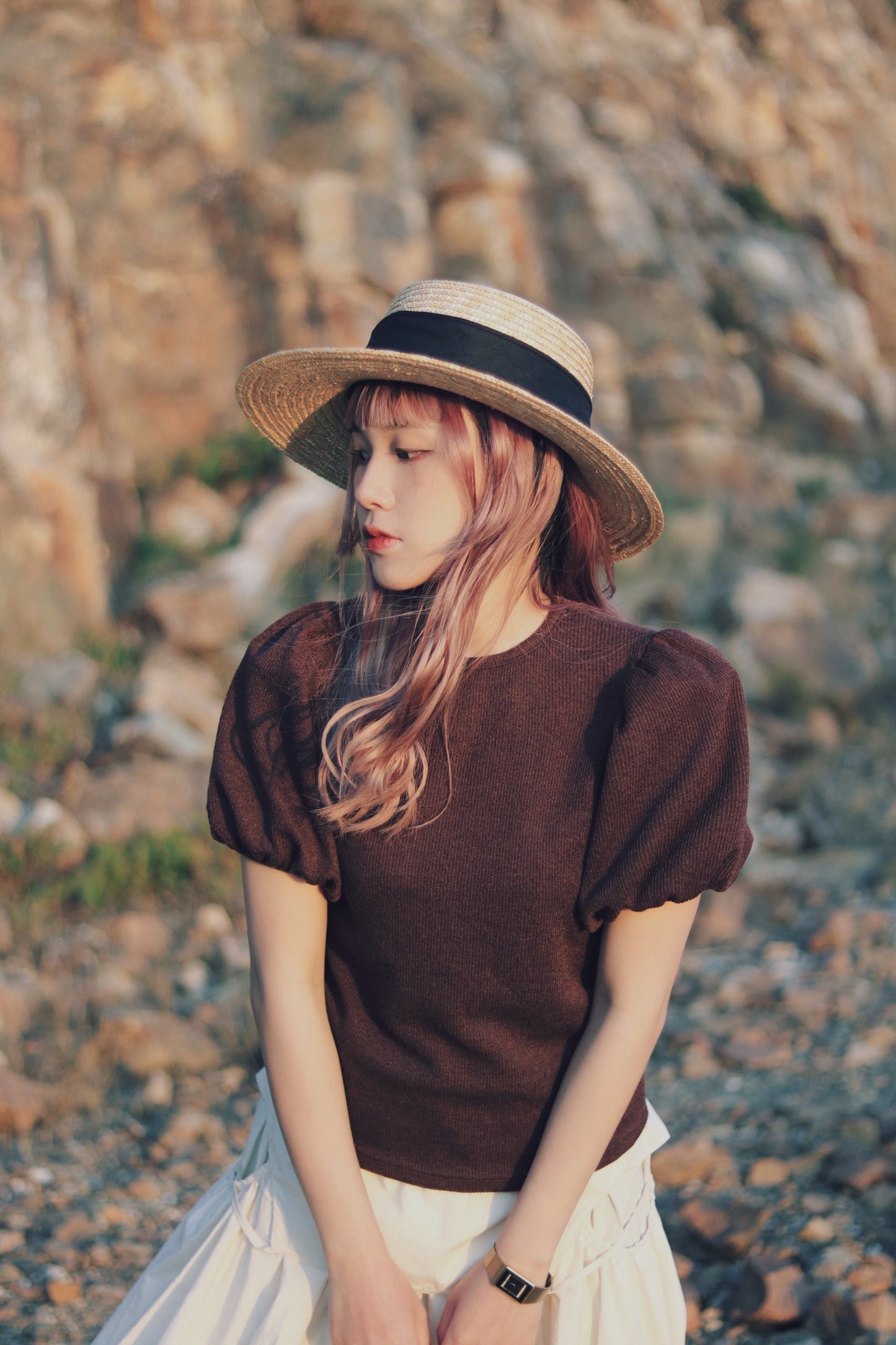 Doll Puff Sleeve Top S (Brown)